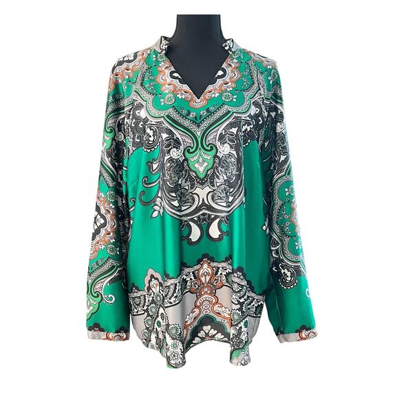 Chico's Tops - NWT CHICO'S Satin Blouse Long Sleeve Green Paisley Women's Sz 2 Large 12 Career